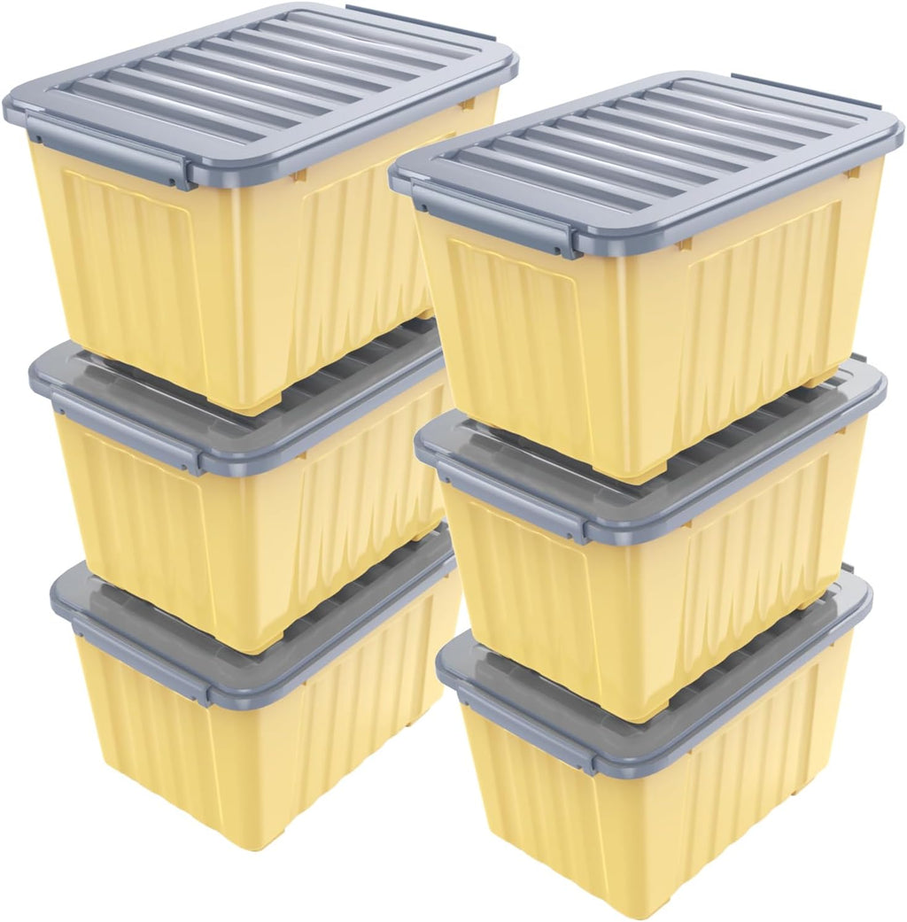 72 Quart Plastic Storage Bin On The Wheels, Stackable and Nestable Storage Boxes with Lids and Secure Latching Buckles, Large Storage Container (Yellow/Purple, 72Quart-6Pack)