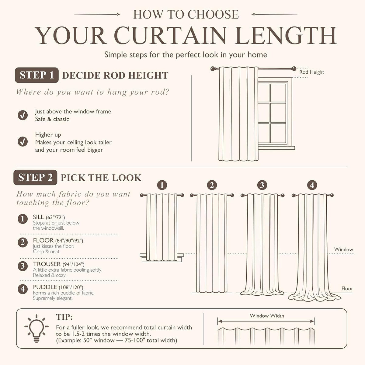 Vangao Taupe Floral Linen Curtains for Living Room 84L 2 Panels for Bedroom