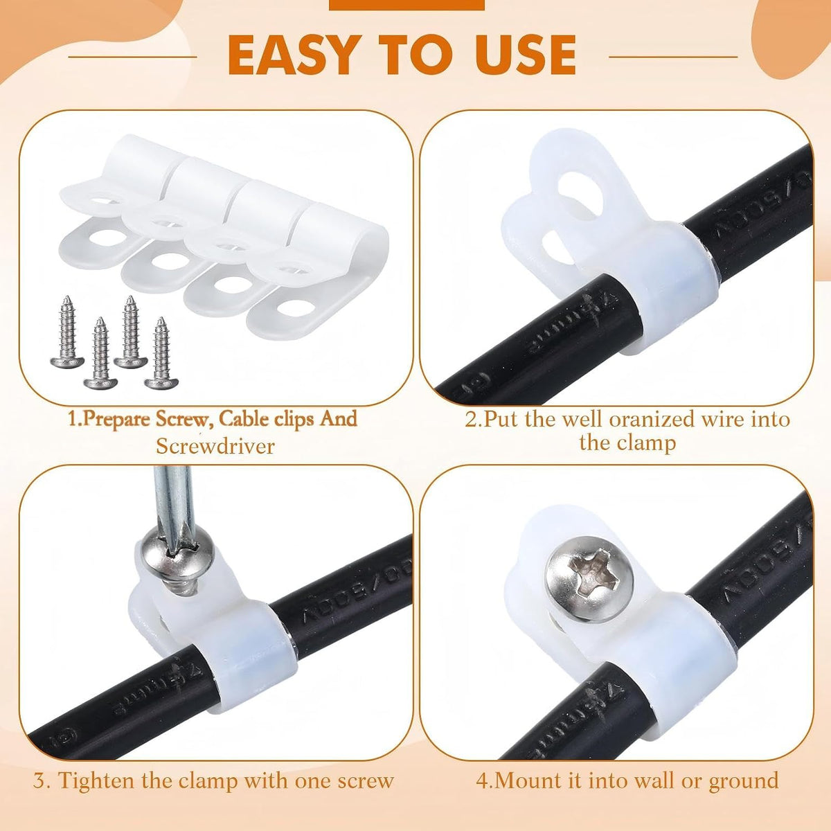 Hicarer 100 Pcs R-Type Cable Clips with Screws, 1/4" Wire Cord Organizer