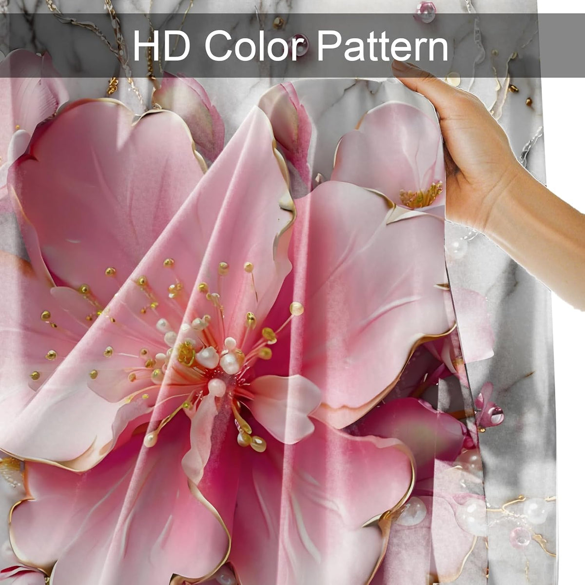 AZHM 4pcs Pink Marble Floral Bathroom Shower Curtain Set with Rugs