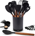 SMIRLY Silicone Kitchen Utensils Set, 22-Piece Acacia Wood Handle, Black