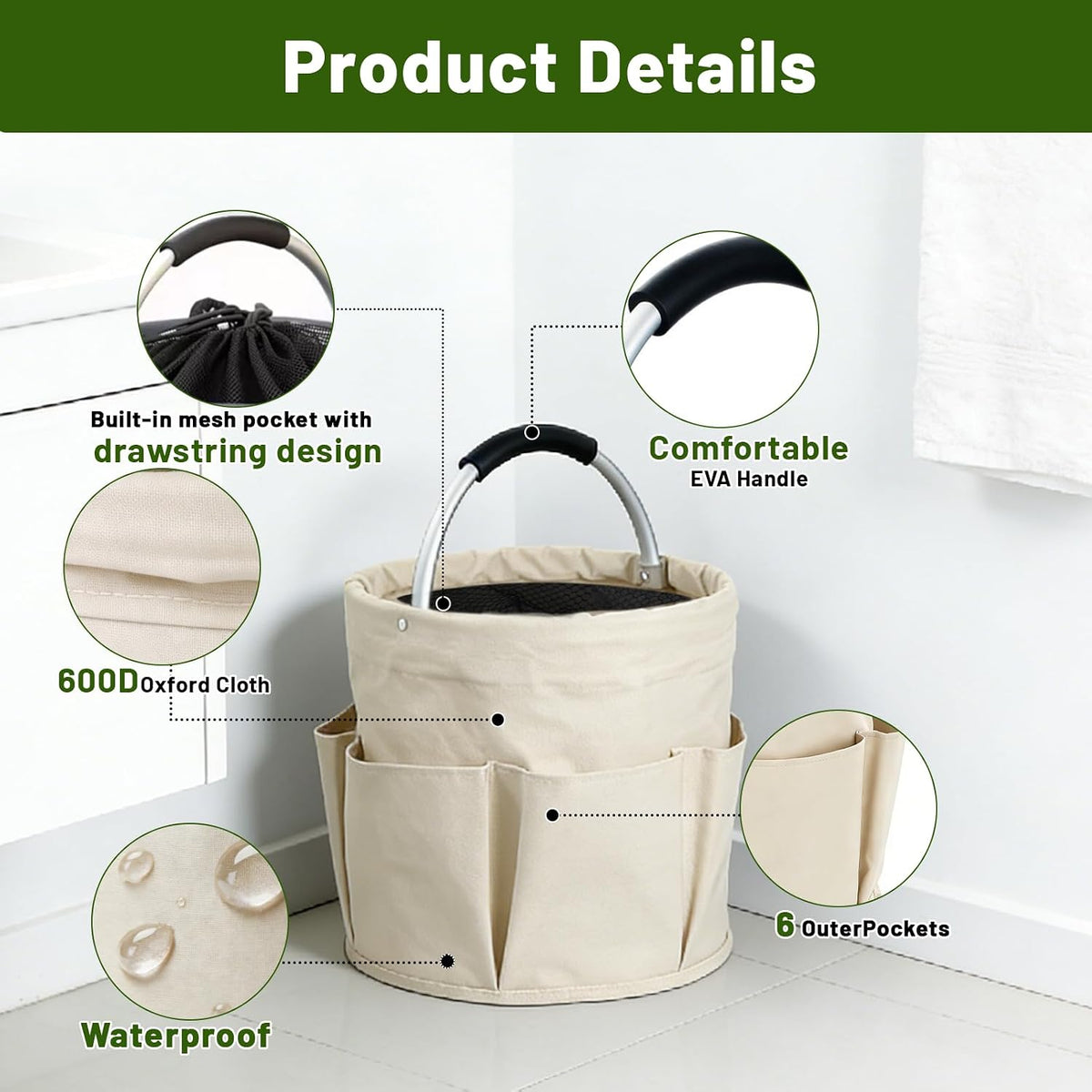 17L Foldable Cleaning Caddy with Handle，Cleaning Products Organiser (Beige)