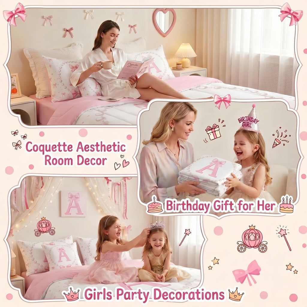 Erosebridal Girls Pink Bow Initial Twin Comforter Set with Sheets - Monogrammed Letter A Bows Bedding Set 7 Piece for Kids Teen, Pink White Ribbon Bow Tie Fitted Flat Sheet, Cute Bowknot Bed Set