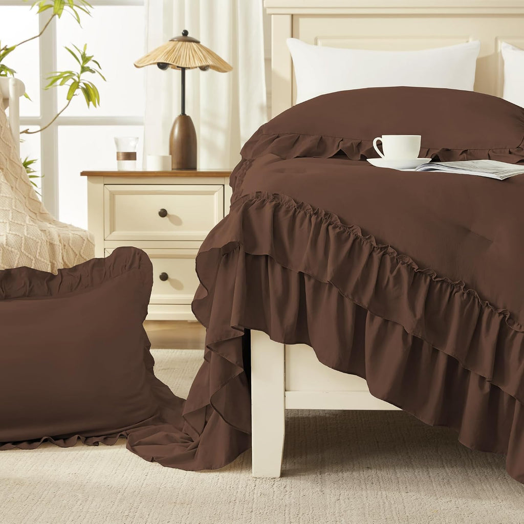 Andency Brown Twin Size Ruffle Comforter Set, 2 Pieces
