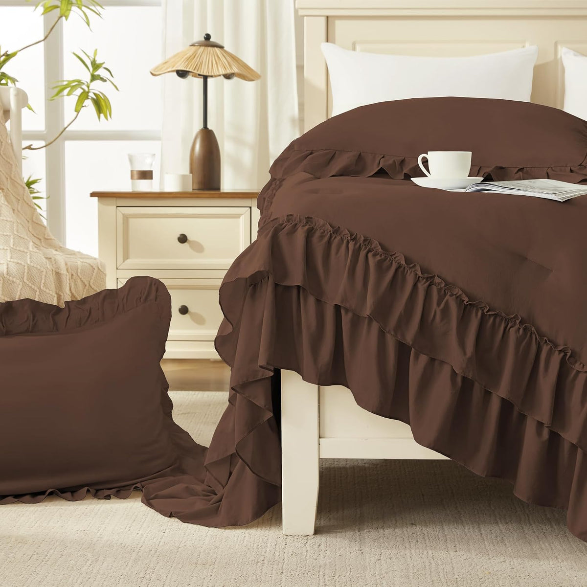 Andency Brown Twin Size Ruffle Comforter Set, 2 Pieces