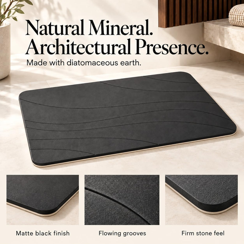 Stone Bath Mat, Quick Drying Bath Mat for Bathroom, Diatomaceous Earth Mat, Quick Dry Shower Mat, Fast Absorbent, Elegant Design, Easy to Clean - Black 23.6×15.35