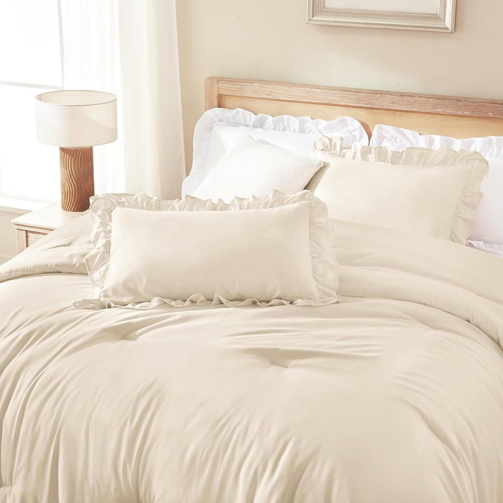 Andency Beige Queen Comforter Set, 3 Pieces Farmhouse Shabby Chic Bedding