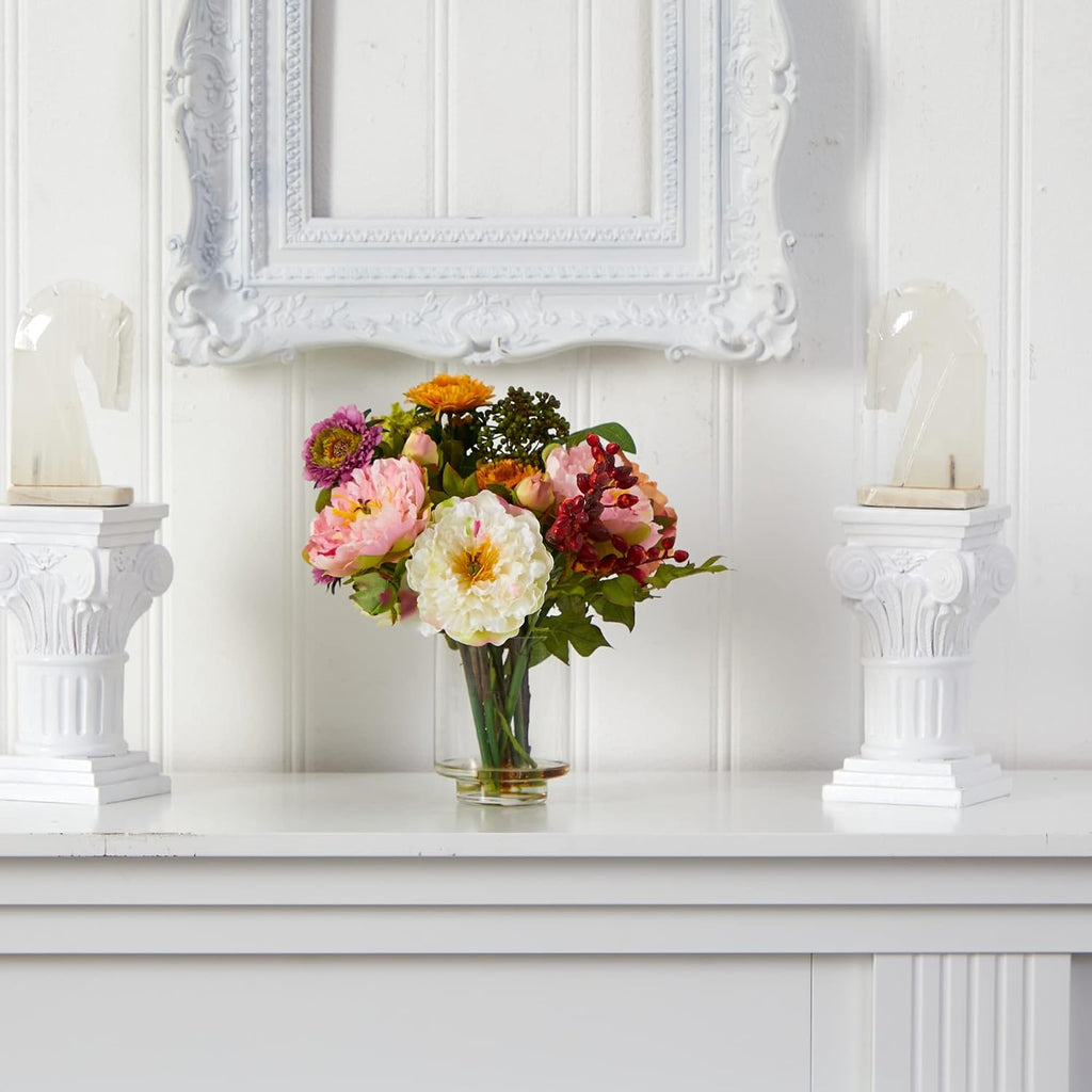 Nearly Natural 10 in Artificial Peony Arrangement in Glass Vase