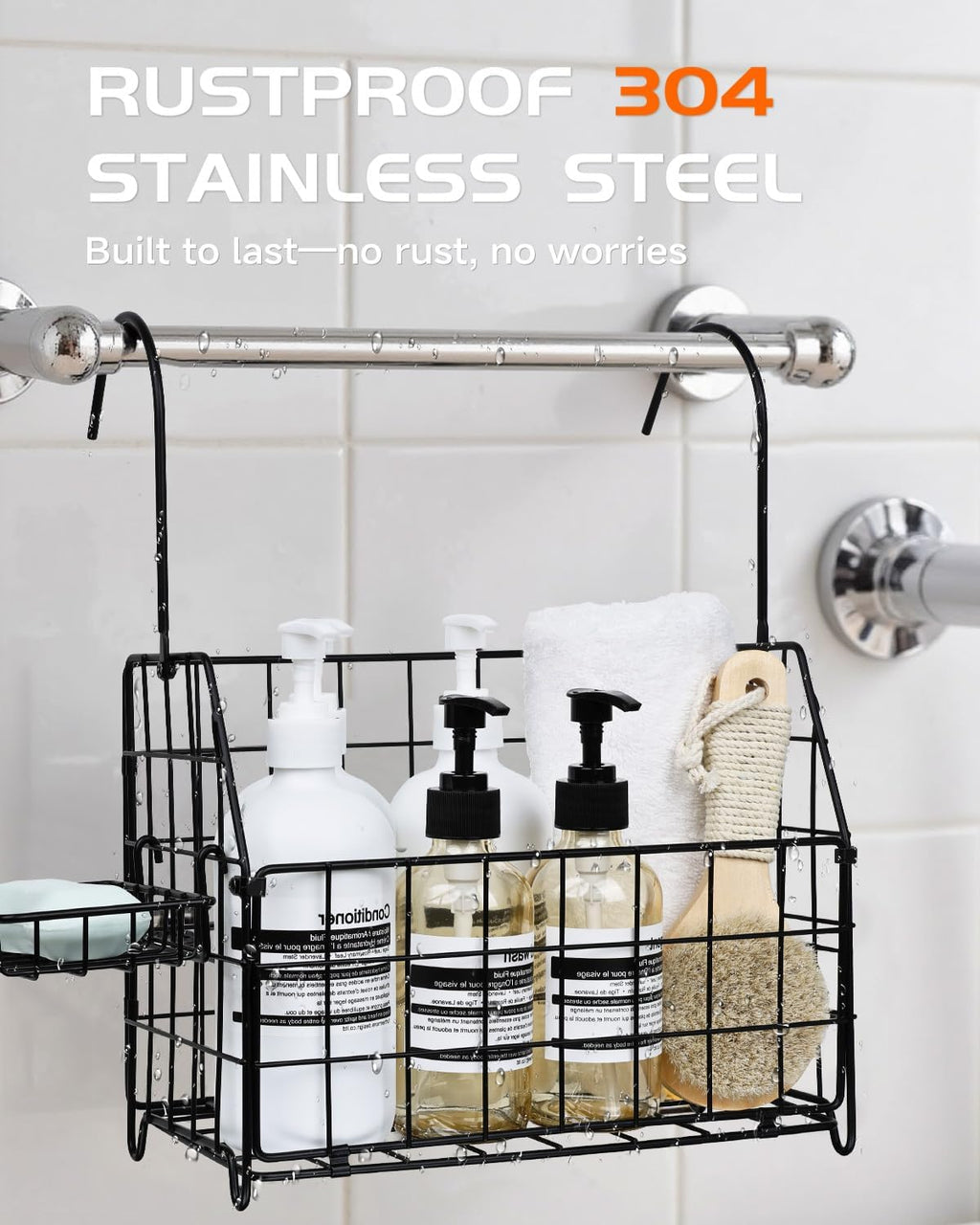 Large Rustproof Shower Caddy Hanging, 304 Stainless Steel Hanging Shower Organizer Basket for Bathroom & Bathtub, Over the Rod Shower Rack for Shampoo, Conditioner, Soap & Bath Accessories(Black)