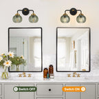 MOKATNG Bathroom Light Fixtures, 2-Light Green Vanity Lights with Unique Leaf Texture Glass Shade, Modern Matte Black and Gold Bathroom Wall Lamp for Mirror Hallway Cabinet Living Room