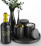 Black Bathroom Accessories Set with Tray, 6pcs Matte Black Bathroom Accessory Sets, Glass Soap Dispenser and Toothbrush Holder Set, Qtip Holder, Ceramic Flower Vase, Bathroom Set Decor