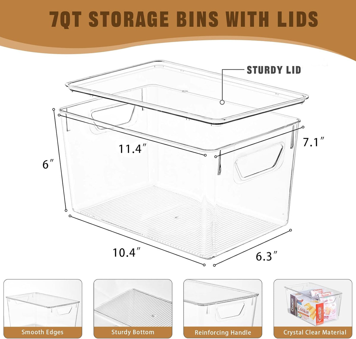 6 Pack Clear Storage Bins with Lids, 7 Quart Pantry Organizer Bins