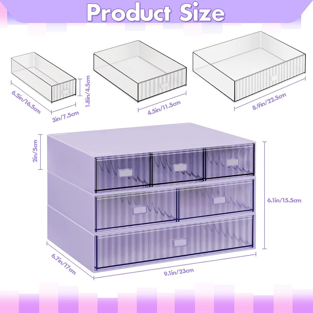 3 Tier Stackable Desk Organizer with 6 Drawers, Plastic Desktop Storage Box Drawers, Detachable Makeup Storage Office Stationery Supplies Organizer for Office School(Purple)