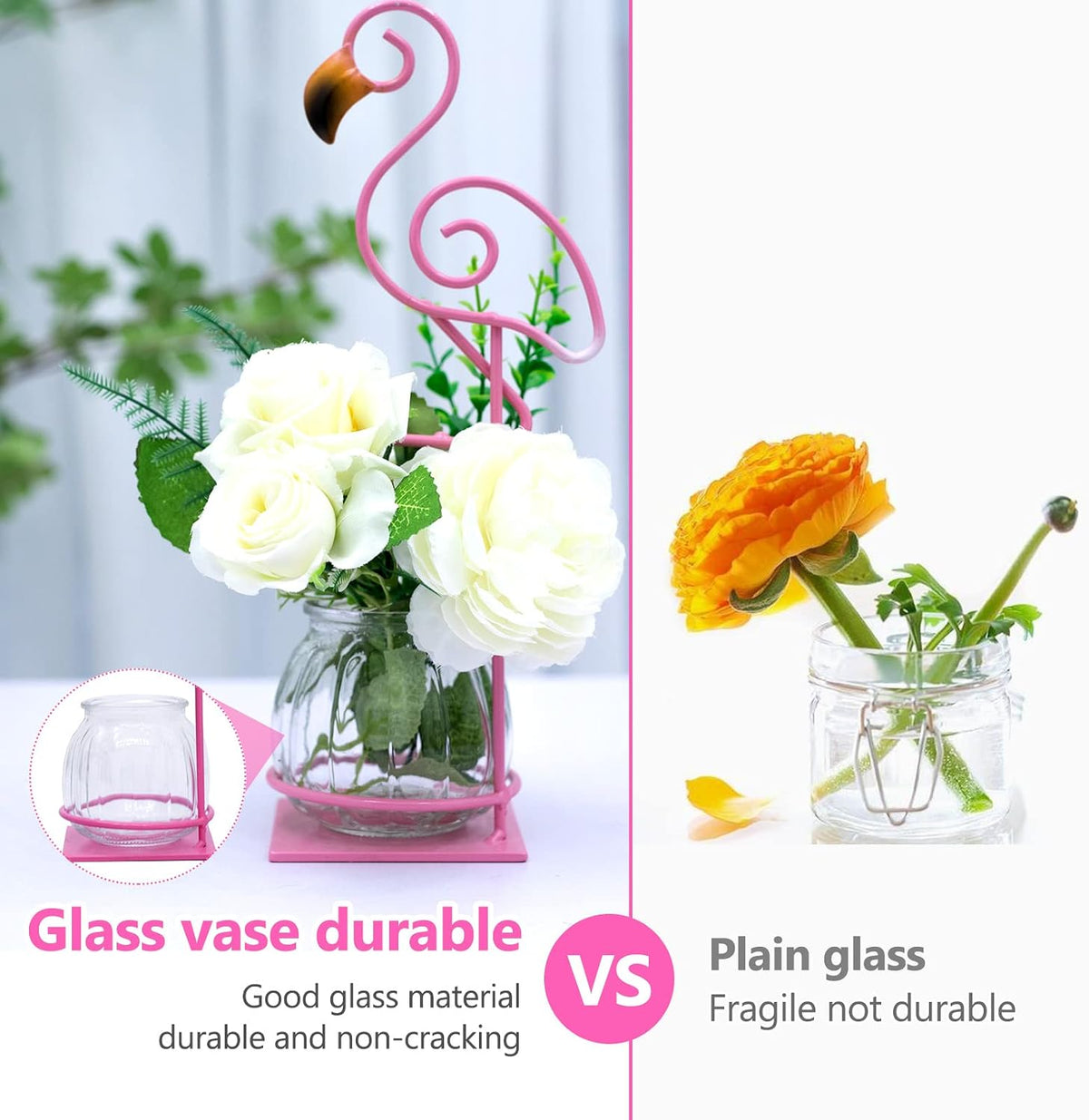 Tabletop Pink Flamingo Planter Propagation Station, Glass Vase Metal Stand