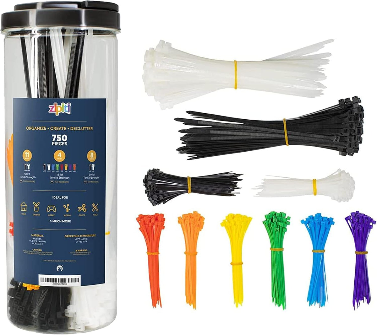 Zipiti 750 Pack Colored Zip Ties Cable Ties - Heavy Duty Multi-Purpose Nylon Cable Zip Tie - Assorted Lengths 4, 8, 11 -Self Locking Durable Cable Management Heavy Duty Tie Wraps for Home and Workshop