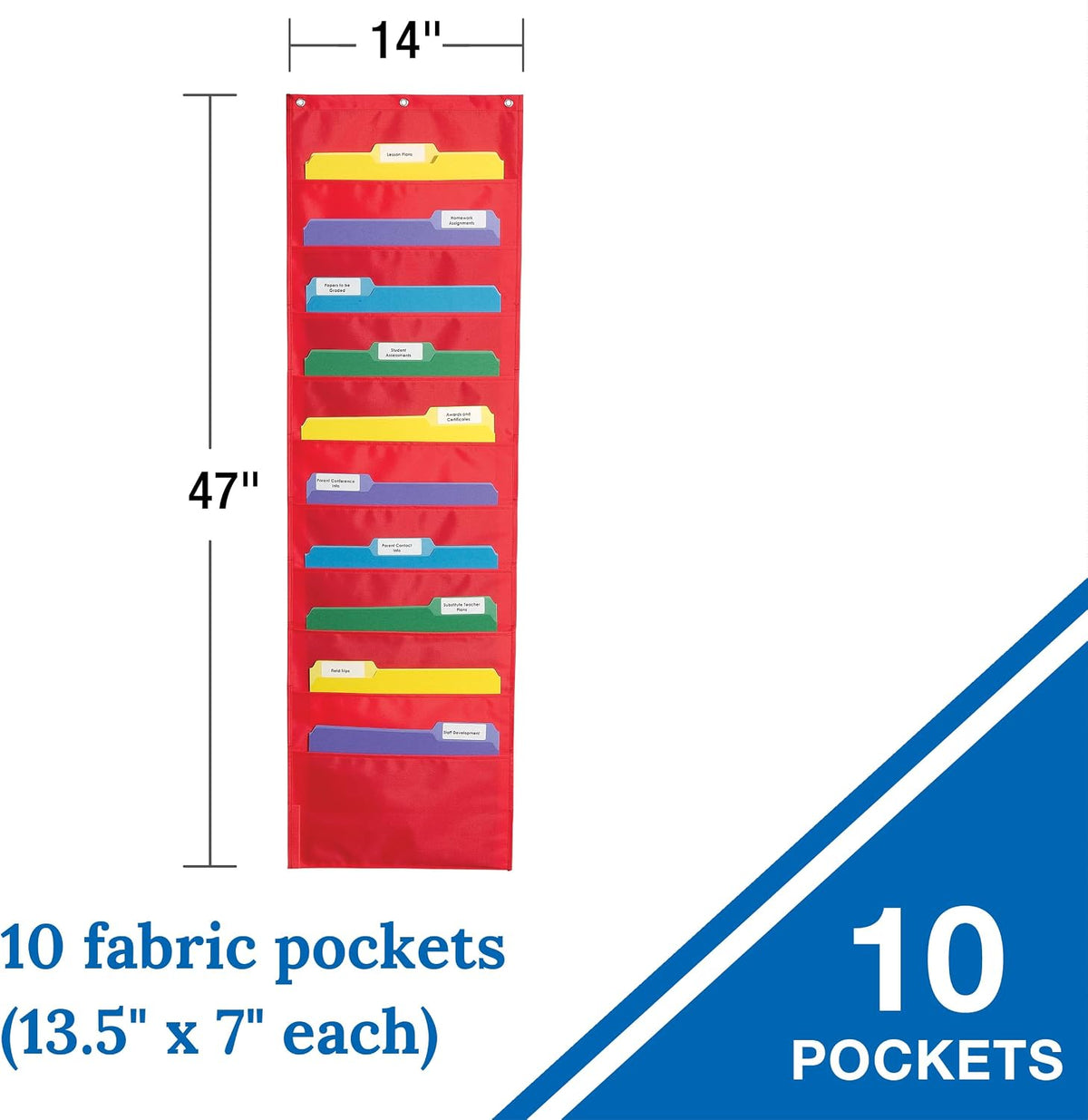 Carson Dellosa 14" x 47" Red Hanging File Folders Storage Pocket Chart, 10 Pocket Paper Organizer for Games, Teacher Supplies for Homeschool, Classroom and Office Organization