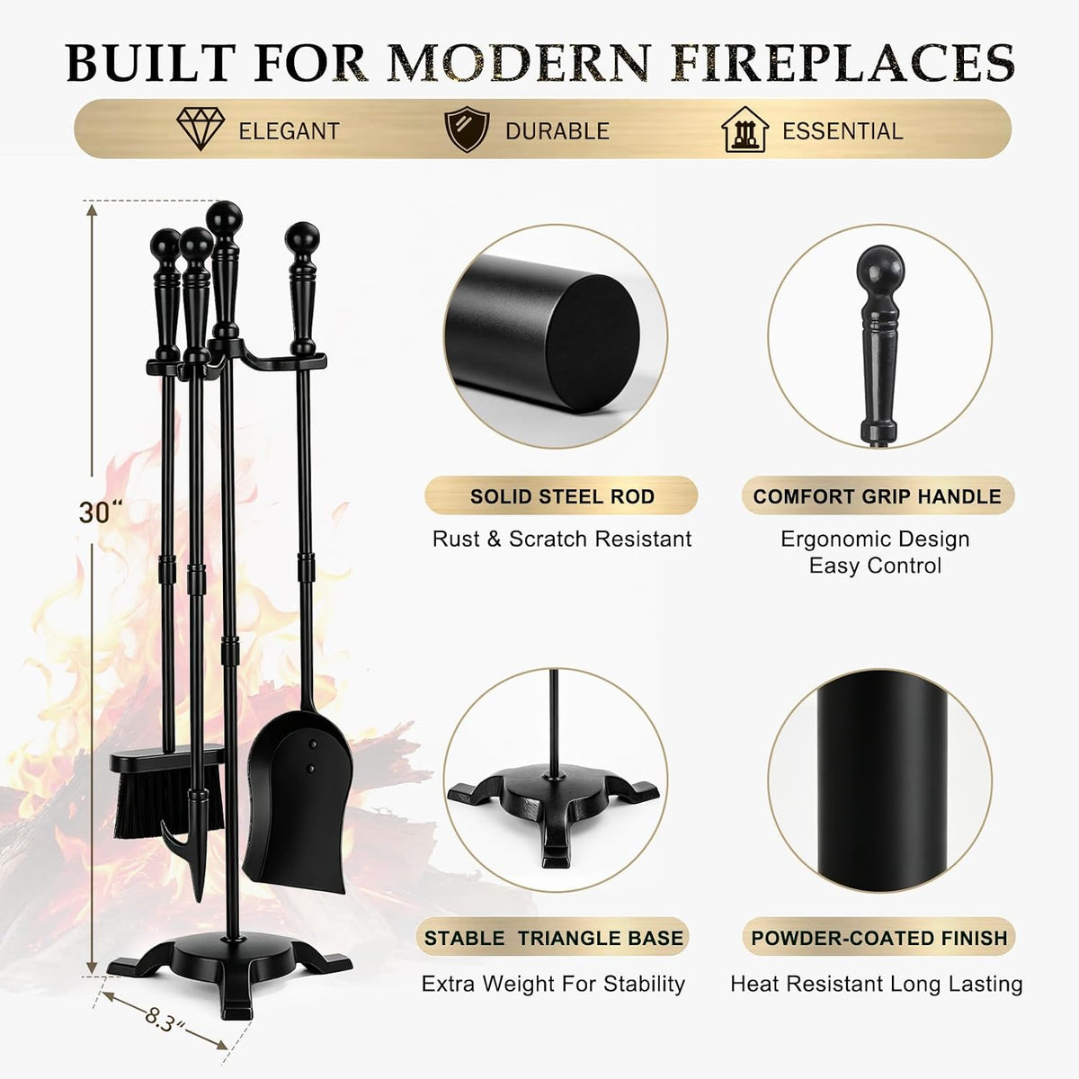 4-Piece Fireplace Tool Set with Stand, 30In Wrought Iron, Black