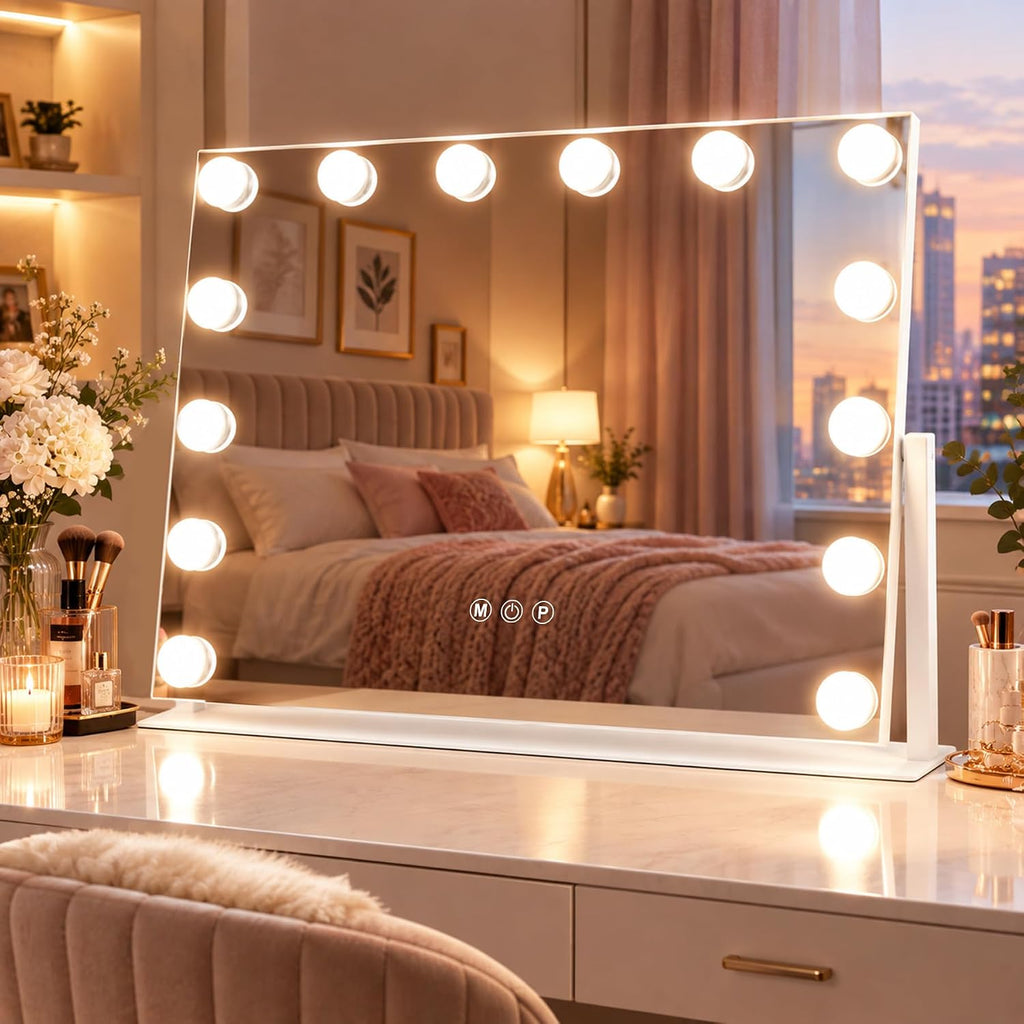 Ratsamee Vanity Mirror with Lights, 22" x 17", 360° Rotation Base, White