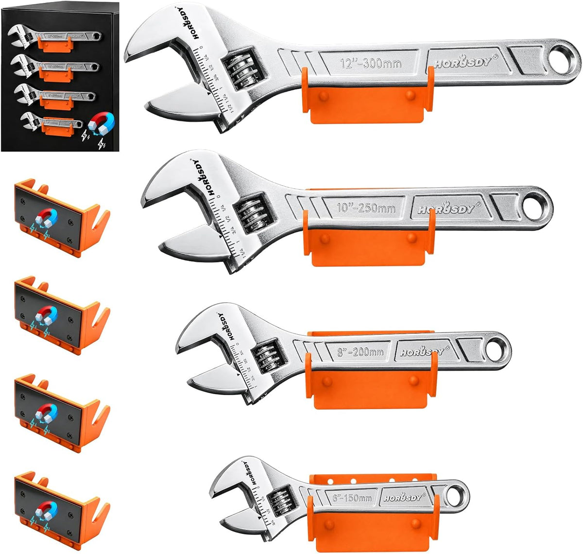 4-Piece Adjustable Wrench Set With 4 Magnetic Wrench Organizer Racks, 6" 8" 10" 12" Wide Jaw Metric & SAE Scales crescent wrench set, CR-V Steel for Home Repair, DIY & Auto Repair