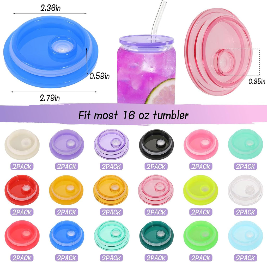 36-Pack Colorful Acrylic Cup Lids with Straw Hole - Spill-Proof Reusable Covers for 16oz Glasses & Tumblers - Perfect for Iced Coffee, Beer, Beverages