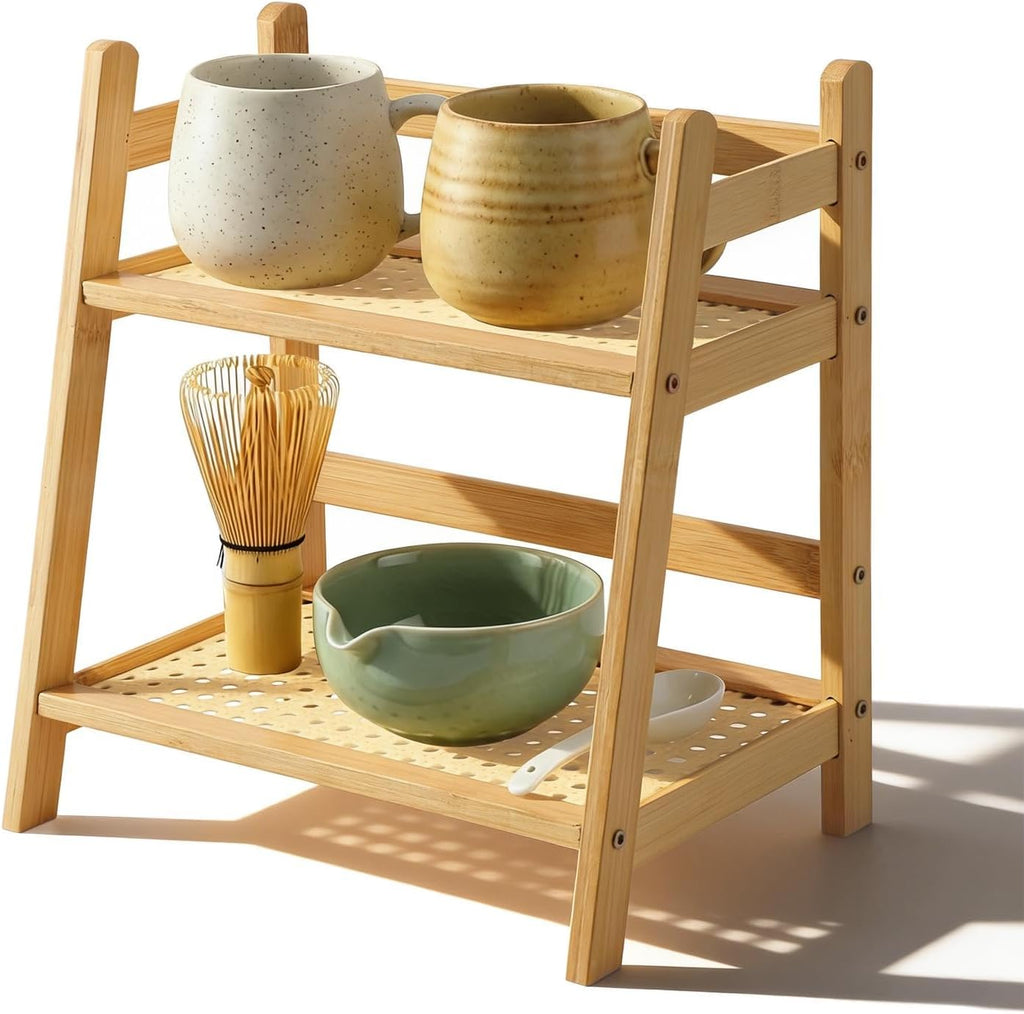 Bamboo Matcha Station Organizer for Kitchen Countertop, 2 Tier Coffee Station Organizer with Mug Holder, Counter Shelf for Matcha Tools, Tea Bags, Cups and Coffee Accessories