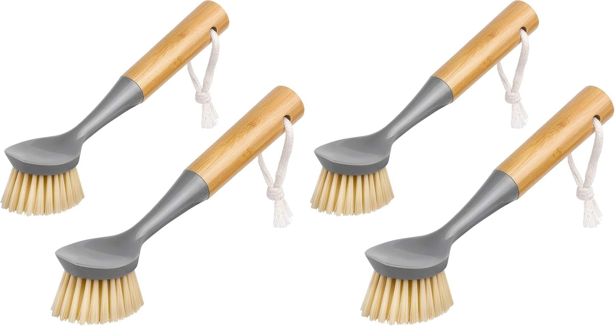 MR.SIGA Dish Brush with Bamboo Handle Built-in Scraper, Pack of 2