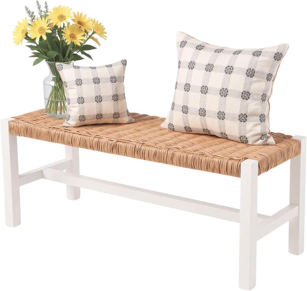 Alaterre Newport Solid Wood Entryway Bench with Woven Rope Seat, White