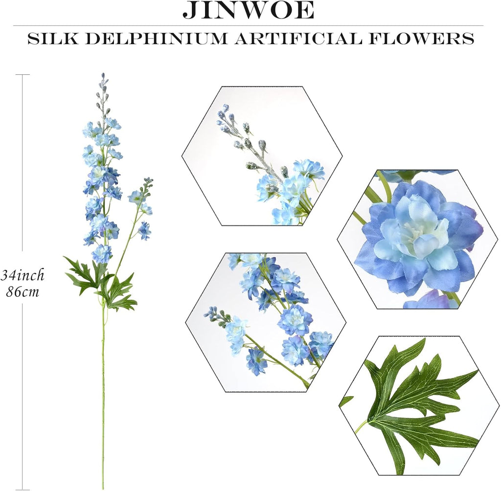 JINWOE 4Pcs Blue Delphinium Artificial Flowers, 34'' Lifelike Faux Larkspur Silk Flowers,Long Stem Fake Delphinium Plant Flower for Tall Floor Vase Outdoor Bouquet Home Table Kitchen Decor