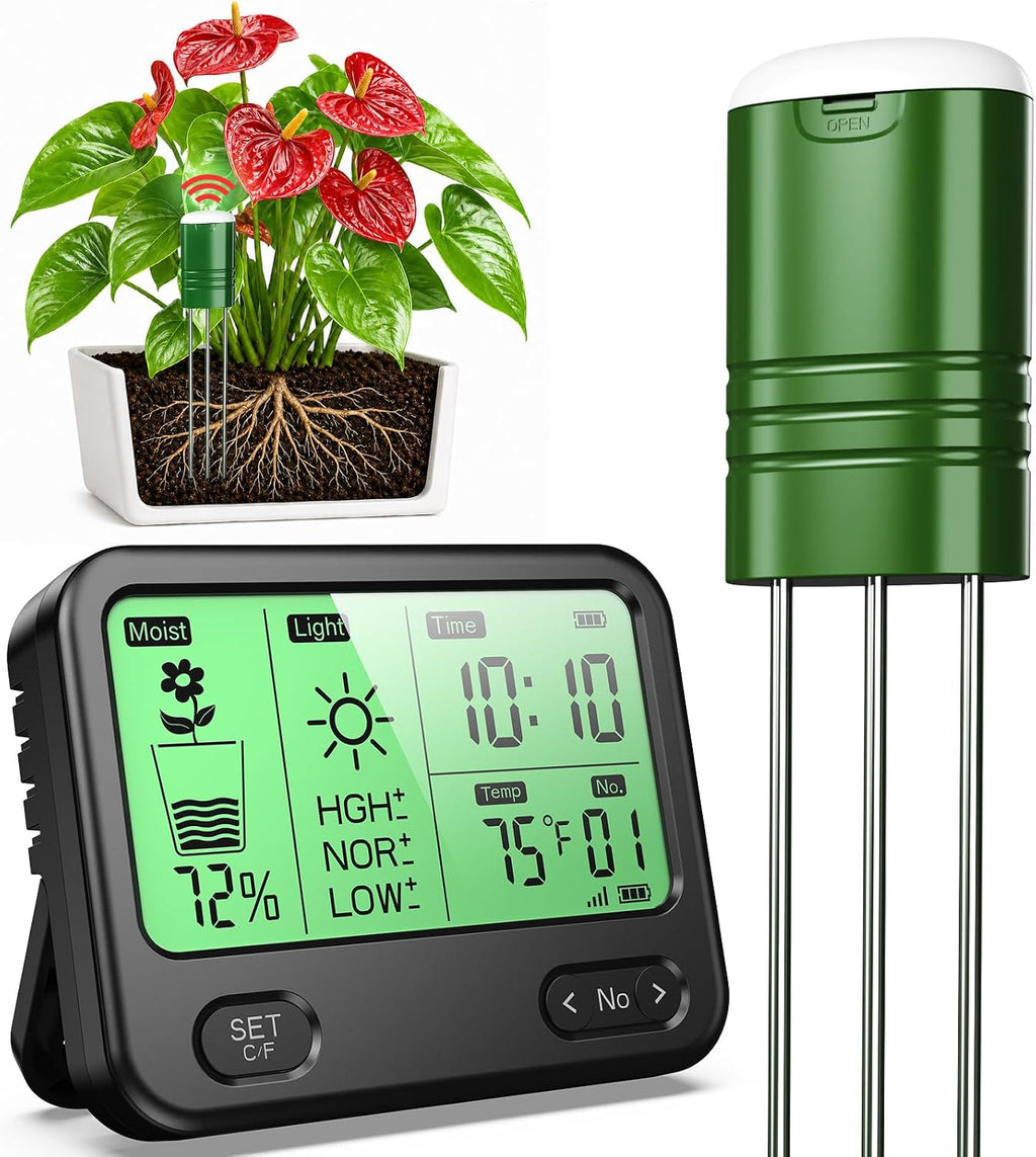 4-in-1 Soil Moisture Meter for Plants ,Soil Temperature /Moisture /Sunlight Time, Large Screen, Garden Soil Tester for Lawn, Farm, Houseplants，Wireless Indoor/Outdoor Plant Water Meter (Dark Black)