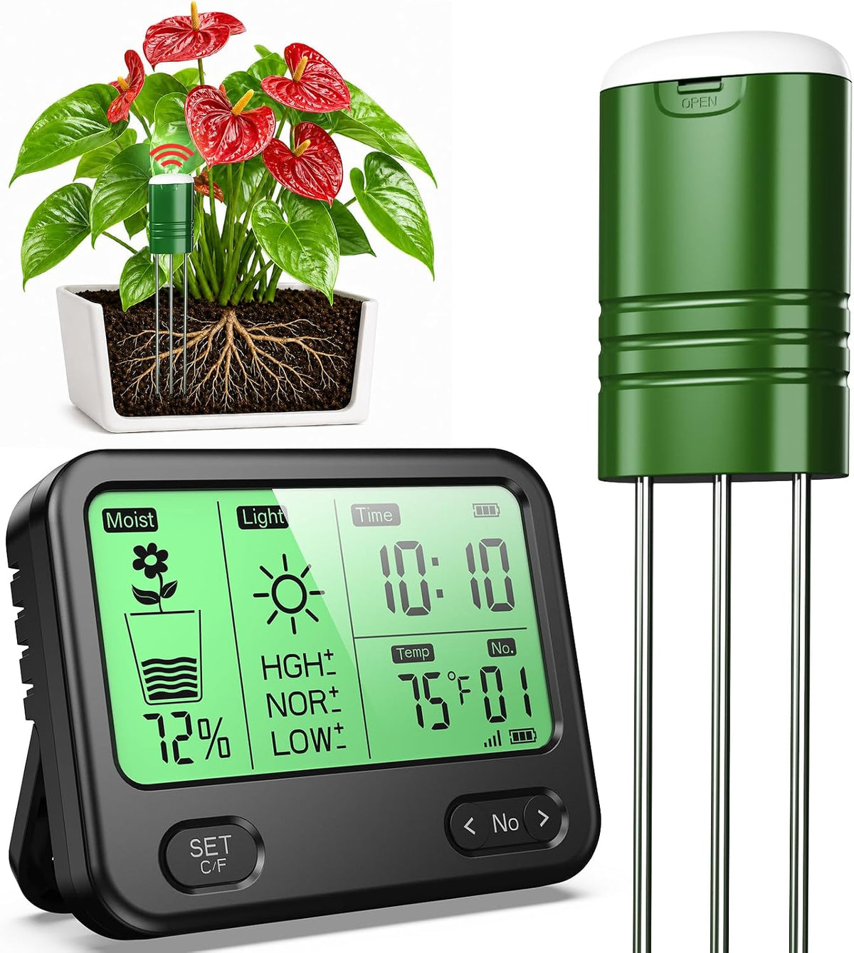 4-in-1 Soil Moisture Meter for Plants ,Soil Temperature /Moisture /Sunlight Time, Large Screen, Garden Soil Tester for Lawn, Farm, Houseplants，Wireless Indoor/Outdoor Plant Water Meter (Dark Black)
