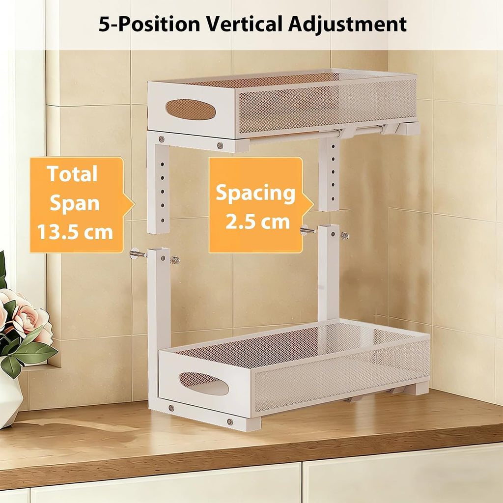 2 Pack Under Sink Organizer, 2-Tier Pull Out Kitchen Cabinet Organizer, Height Adjustable Metal Slide Out Bathroom Organizers and Storage Makeup Drawer Organizer for Office Bedroom(A-White, 2Pack)