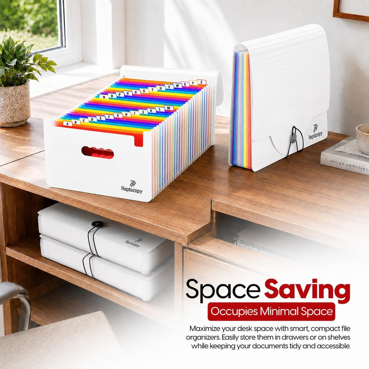 Plastic Accordion File Organizer, 26 Pockets Expandable File Folder Organizer, A4 Letter Size Filing Organizer with Colorful Tabs, Elastic Cord, 60 Paper Clip, Label & Stickers for Office School Home