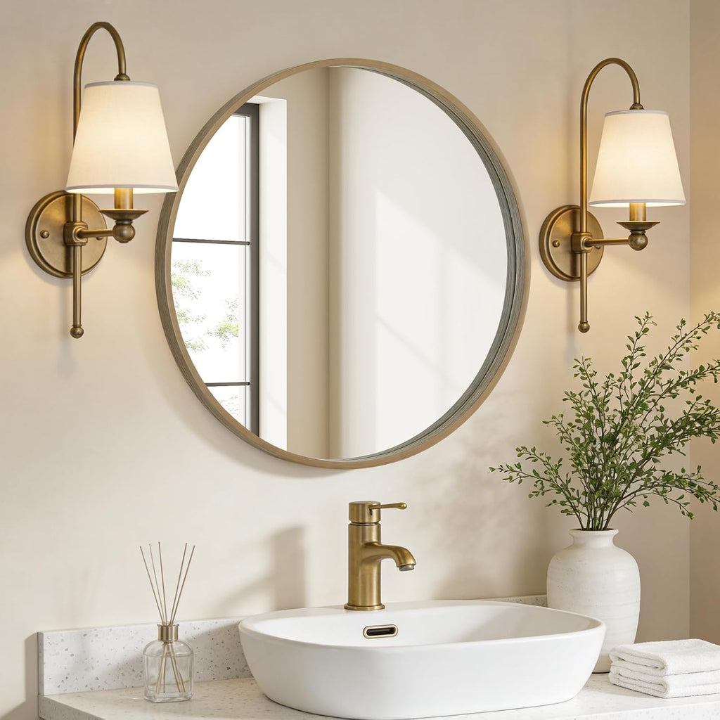 WallBeyond Round Wood Mirror 24" Circle Wall Mirror for Bathroom Round Wall Mirror for Wall Decor, Vanity, Entryway Living Room, Deep Natural