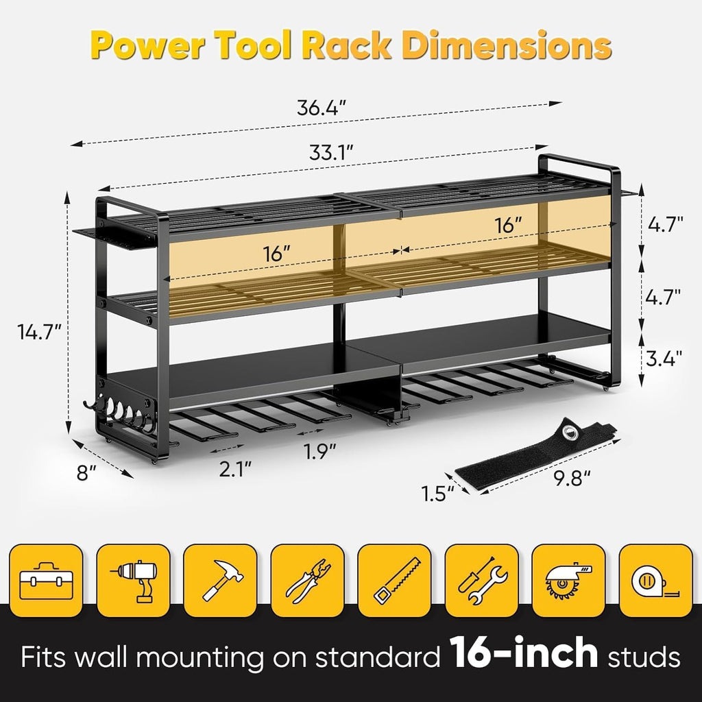 Large Power Tool Organizer Wall Mount,4 Layers Heavy Duty Metal Loads 400lbs,Power Tool Shelf Battery Storage with 8 Cordless Drill Holder,Utility Racks for Garage Workshop