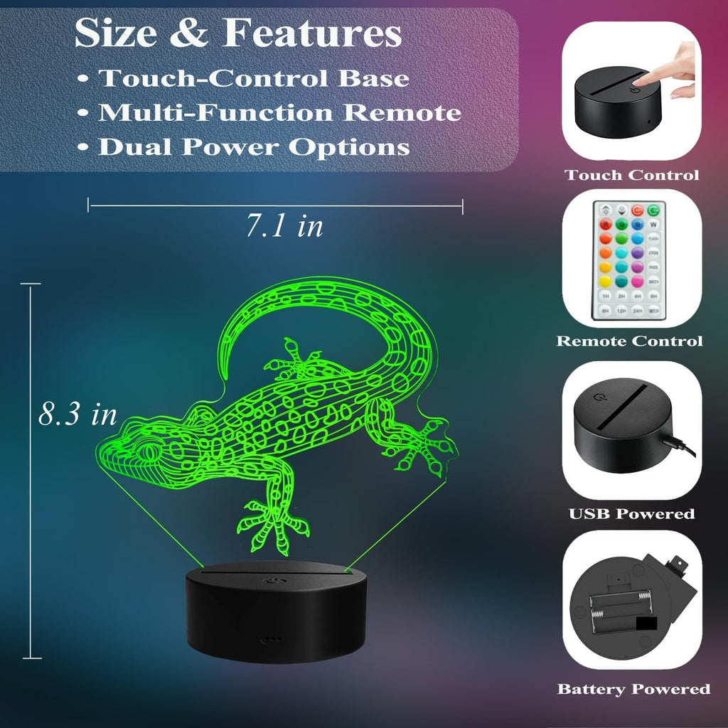 Leopard Gecko 3D Night Light, 16 Colors with Remote Control, Timer, RGB Flashing Mode, Dimmable LED Illusion Lamp, Lizard Accessories for Birthday Holiday Christmas Decor