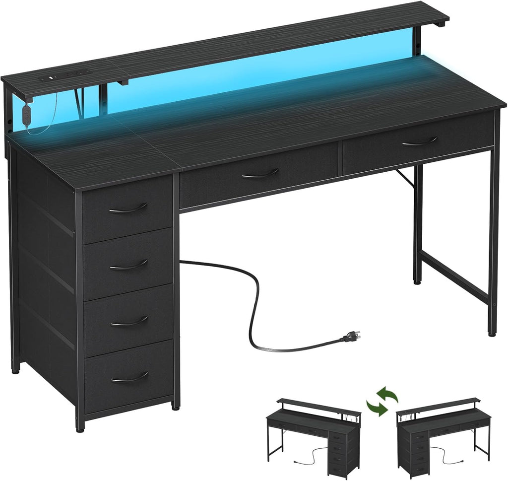 Somdot 47 Inch Gaming Desk with Power Outlet and LED Lights, Computer Desk