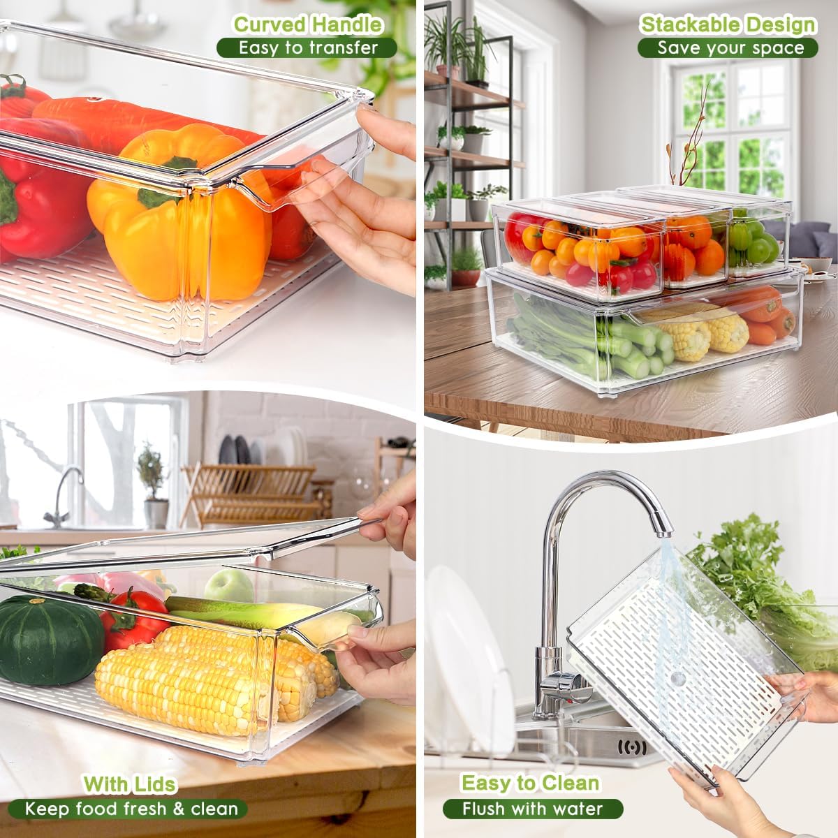 ZIJUND 4 Pack Fridge Organizer Bins with Lids, Stackable Clear Storage