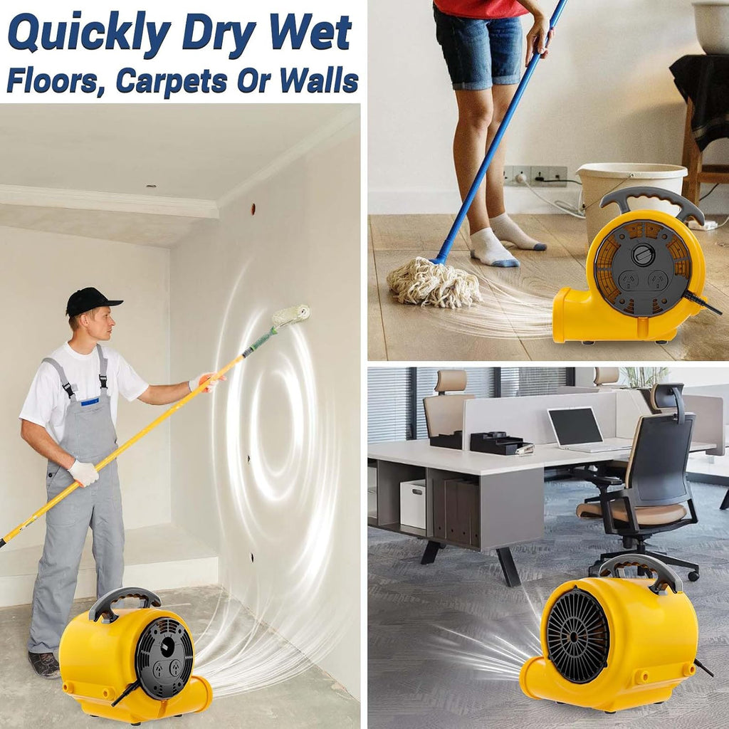 Air Mover Blower Fan, Industrial 1/3HP 1200CFM Monster Floor Blower Carpet Dryers - 3 Speeds Switch, 4 Adjustable Angles, 15FT Long Cord, Stackable - 2025 Upgraded