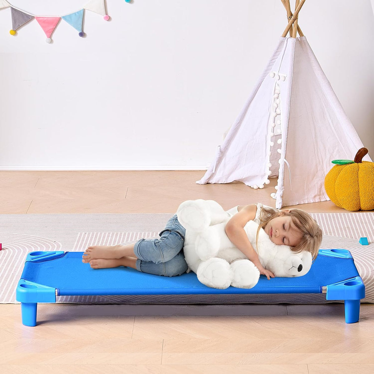 VEVOR Stackable Kiddie Cot, Pack of 4, Portable Toddler Nap Cots, Standard Size 52" L x 23" W Daycare Cots for Kids, Preschool Classroom Daycare Beds for Sleeping, Resting, Naptime, Blue