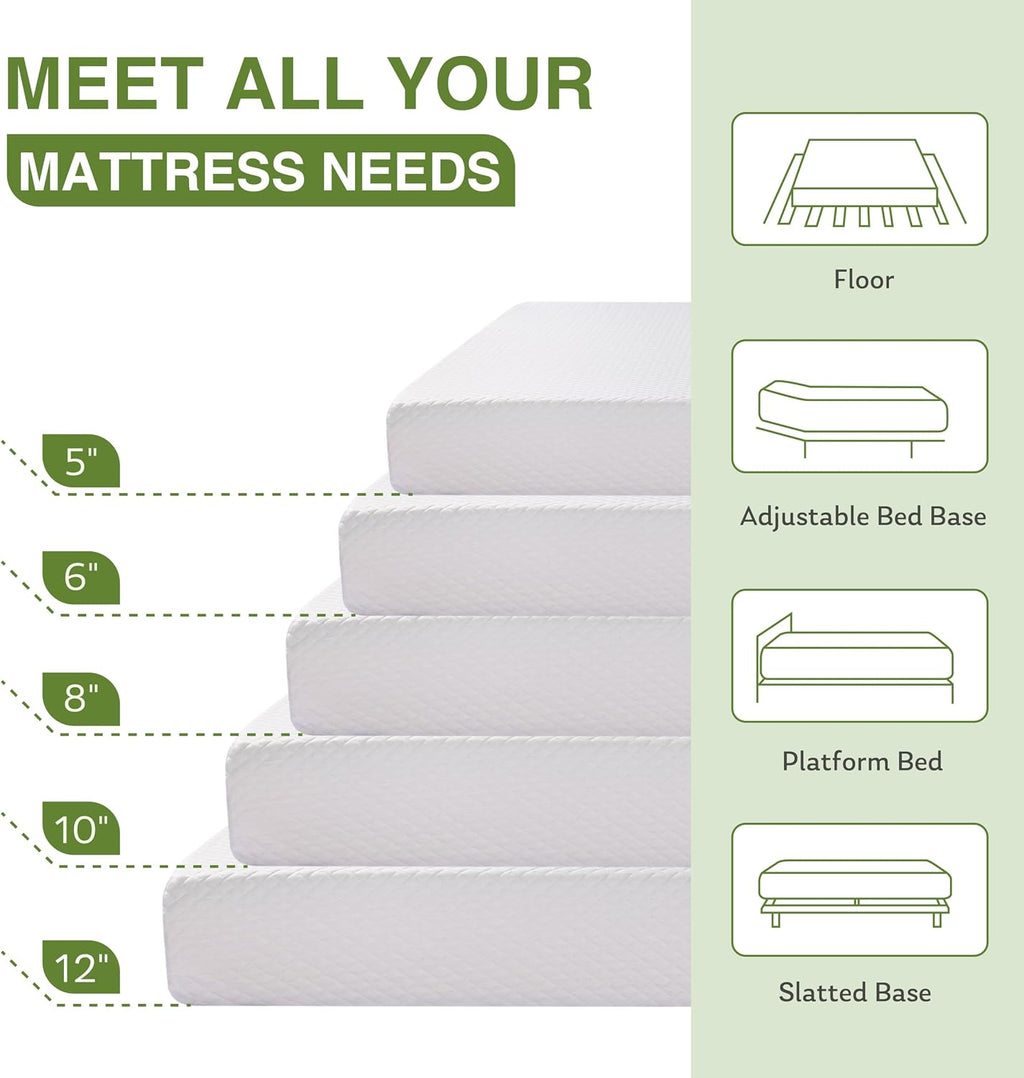EGOHOME Full Size Memory Foam Mattress 6 Inch, Green Tea, Medium Firm