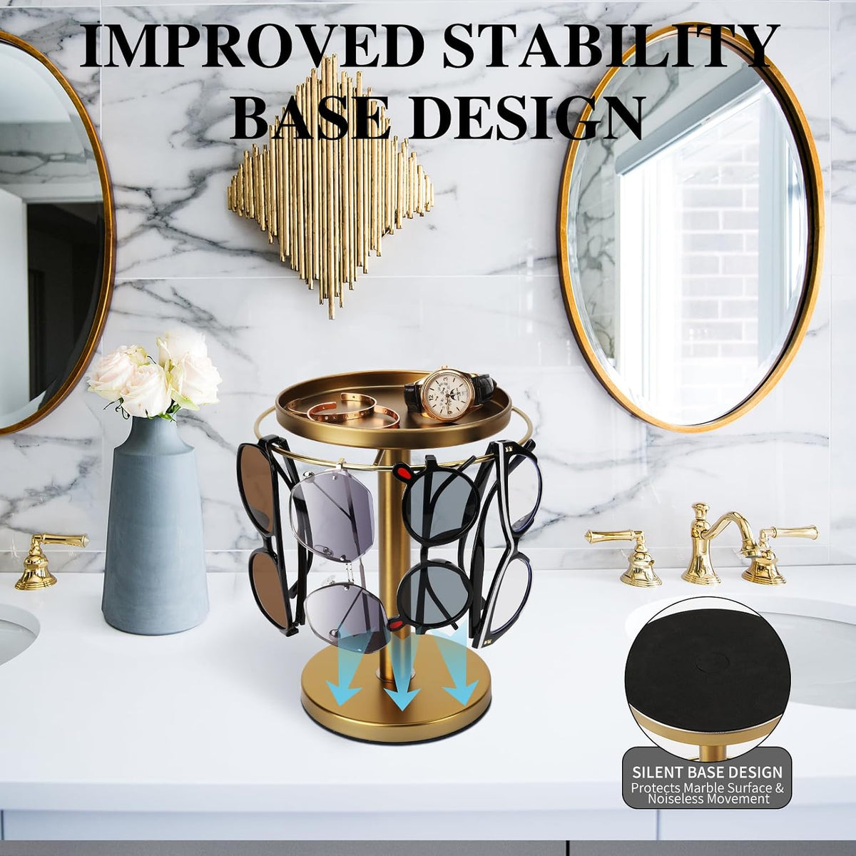 kondyfayo 360° Rotating Sunglass Organizer Storage, Stainless Steel Glasses Holder Stand, Glasses Organizer with Tray for Desk, Dresser, Tabletop, Nightstand and Home Decor (Gold)