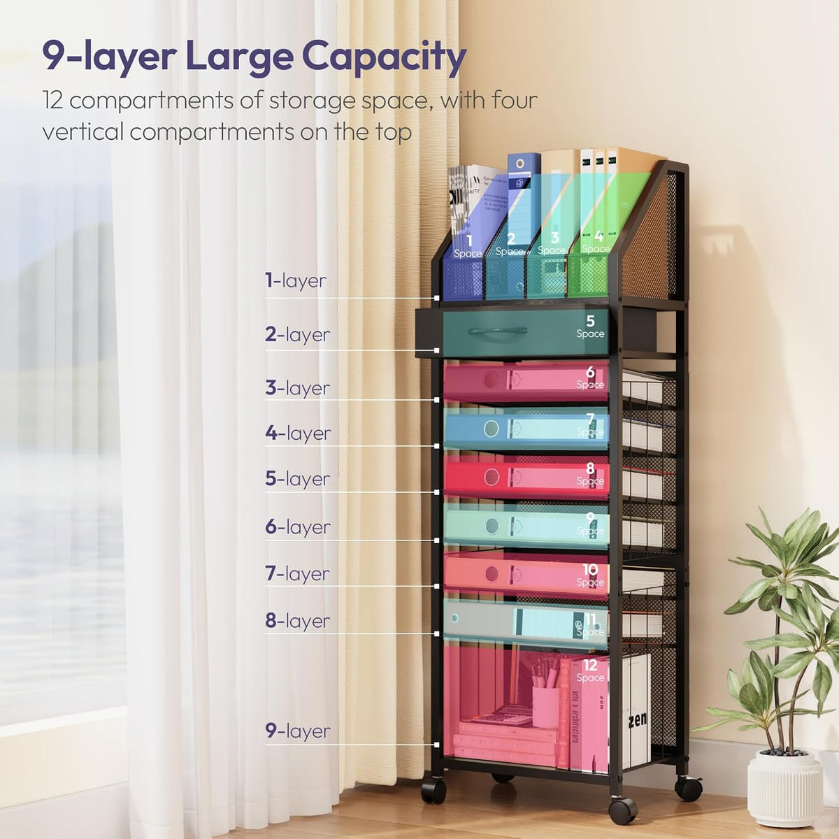 9-Tier Rolling File Cart - Paper Organizer with Drawer and Trays, Wood Desk Office Organizer, Office Organization and Binder Storage for Workspace, Home, School, Black