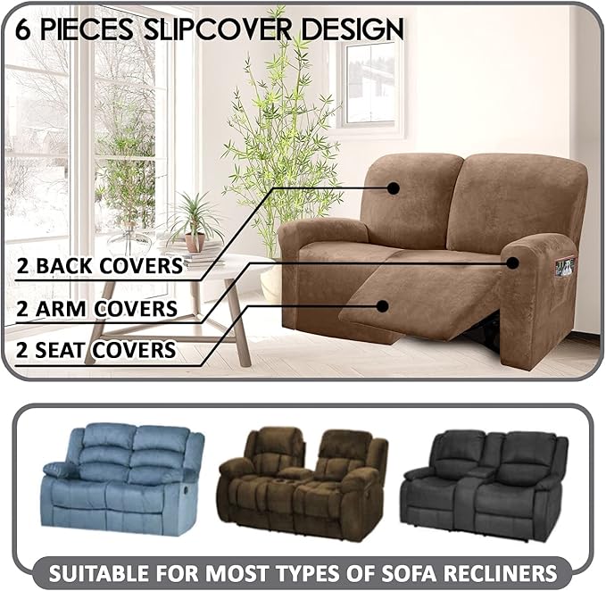 ULTICOR Reclining Love Seat Slipcover, 6-Piece Velvet Stretch Loveseat - Image 2