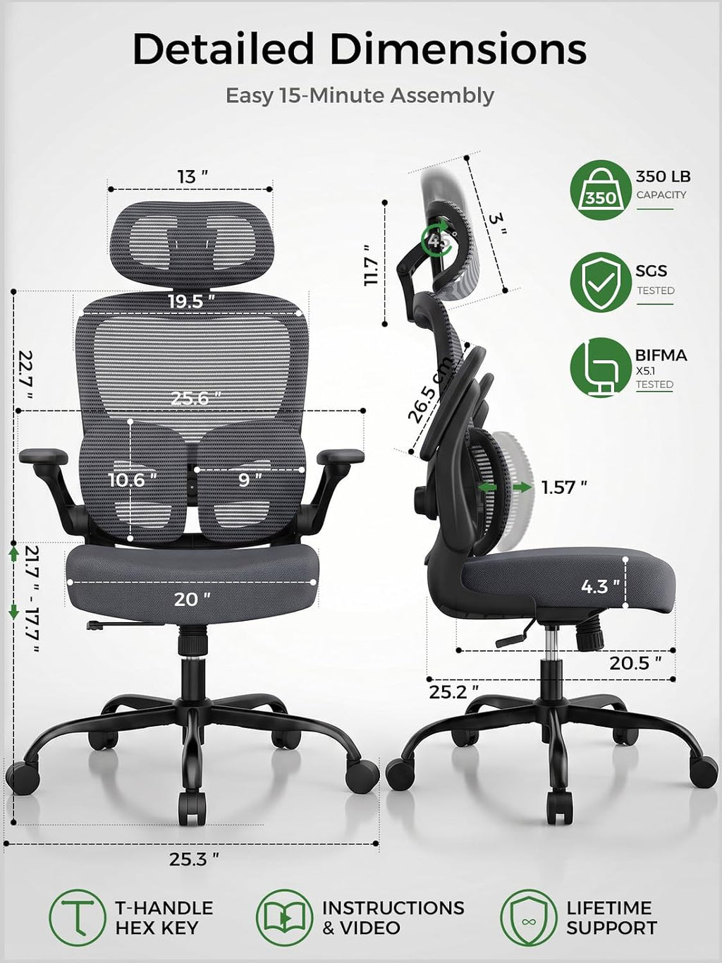 Ergonomic Office Desk Chair, Adjustable Dual Lumbar Support & Thick Seat