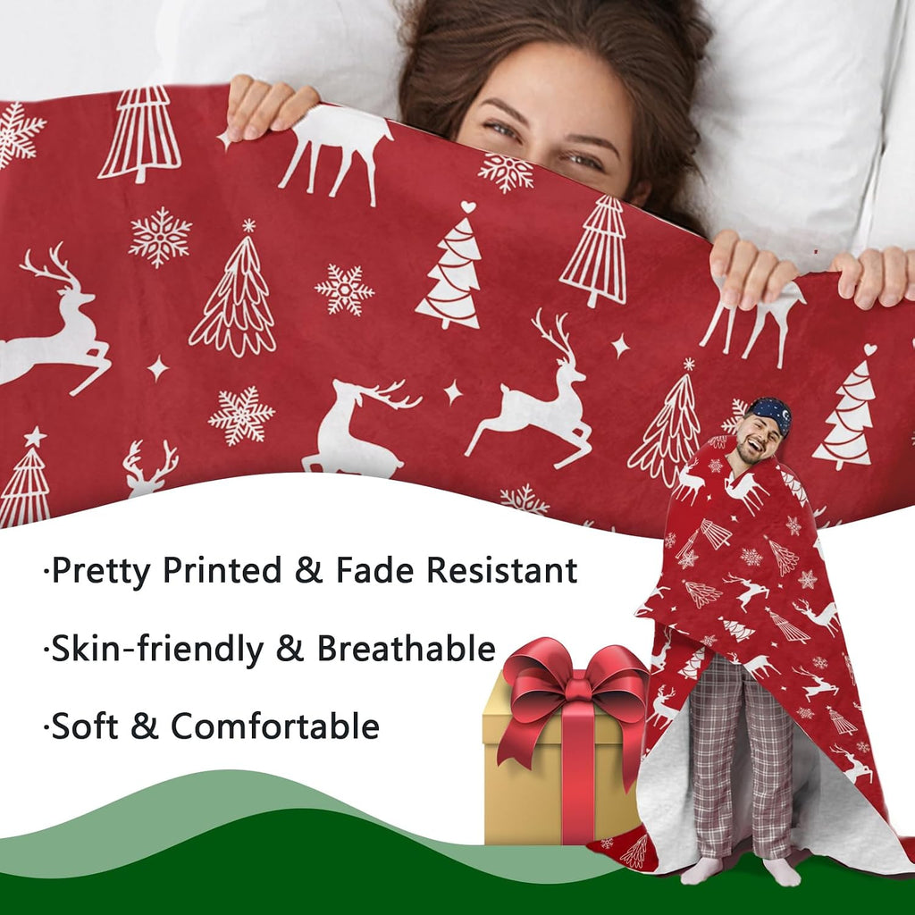 Christmas Tree Reindeer Red Flannel Throw Blanket