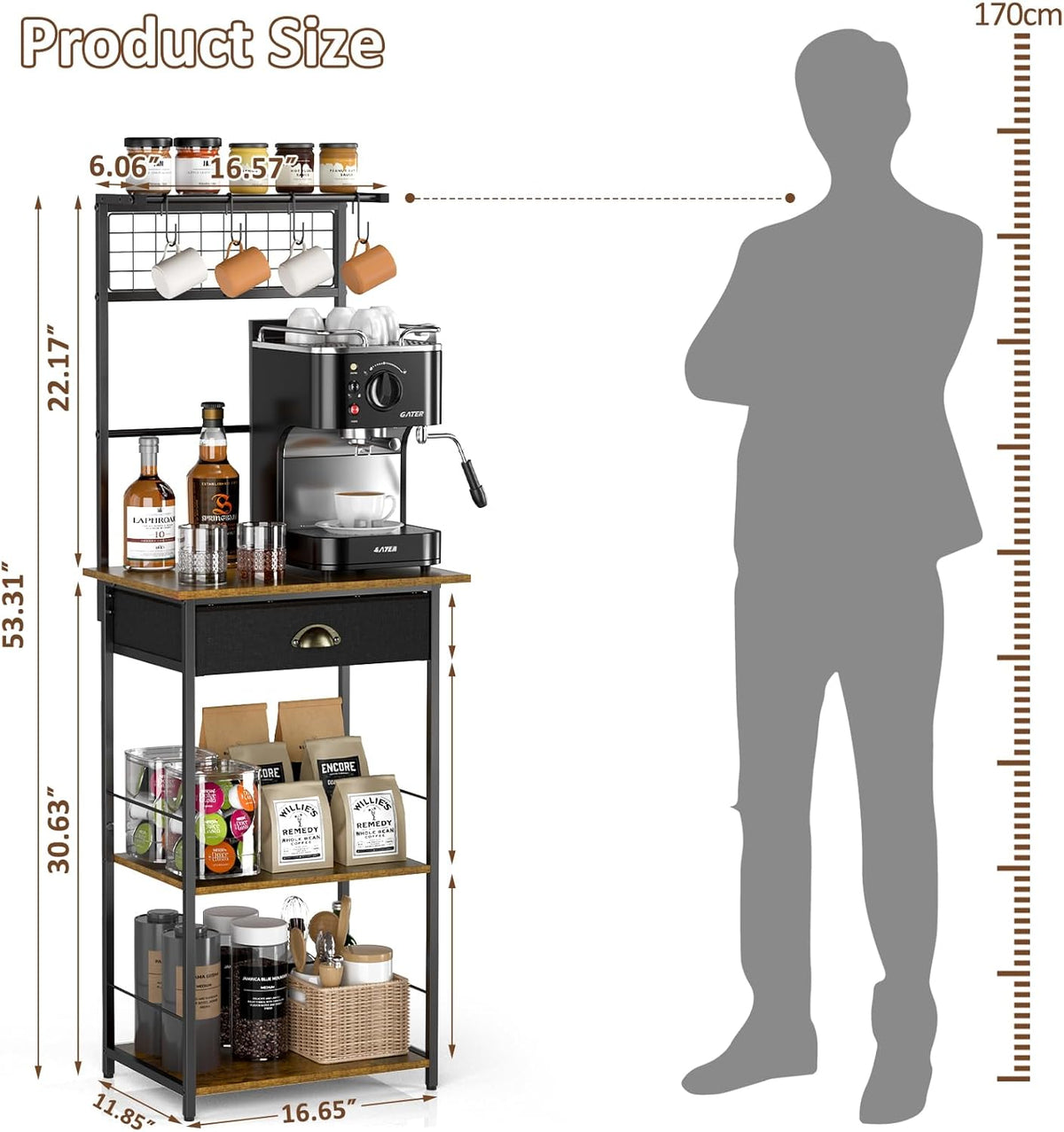5 Tier Coffee Bar Station with Drawer, Kitchen Stand with 4 S-Shaped Hooks, Farmhouse Corner Coffee Bar Cabinet for Small Spaces, Bakers Rack for Kitchen, Living Room, 13.43" D x 18.93" W x 53.31" H