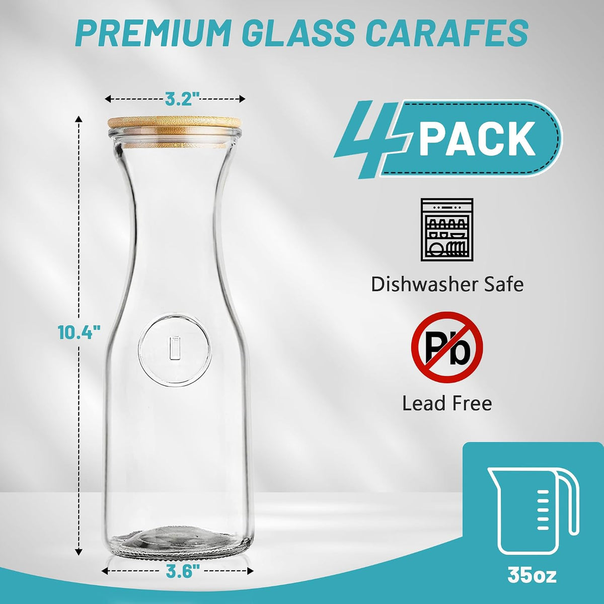 Glass Carafe with Bamboo Lid, Round 35 Oz Beverage Dispensers Carafe, Mimosa Bar Supplies, Round Clear Glass Pitcher with Name Labels for Iced Tea, Coffee, Juice(Set of 4)