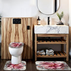 AZHM 4pcs Pink Marble Floral Bathroom Shower Curtain Set with Rugs