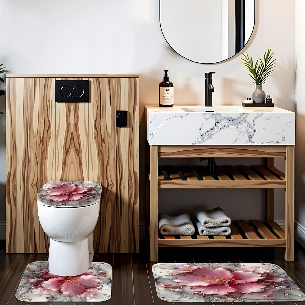 AZHM 4pcs Pink Marble Floral Bathroom Shower Curtain Set with Rugs