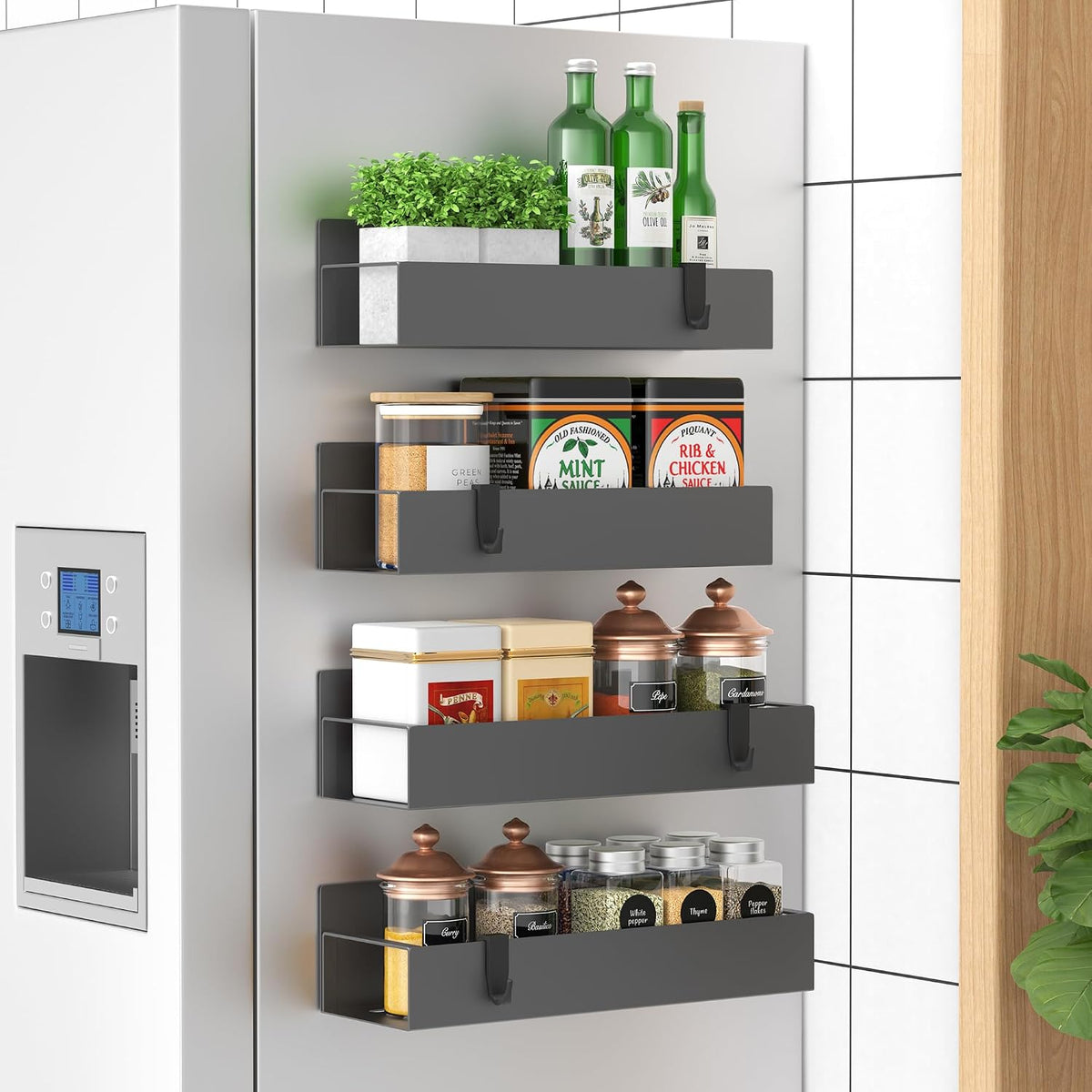 HuggieGems Metal Magnetic Spice Rack for Refrigerator Dark Gray, 4 Pack